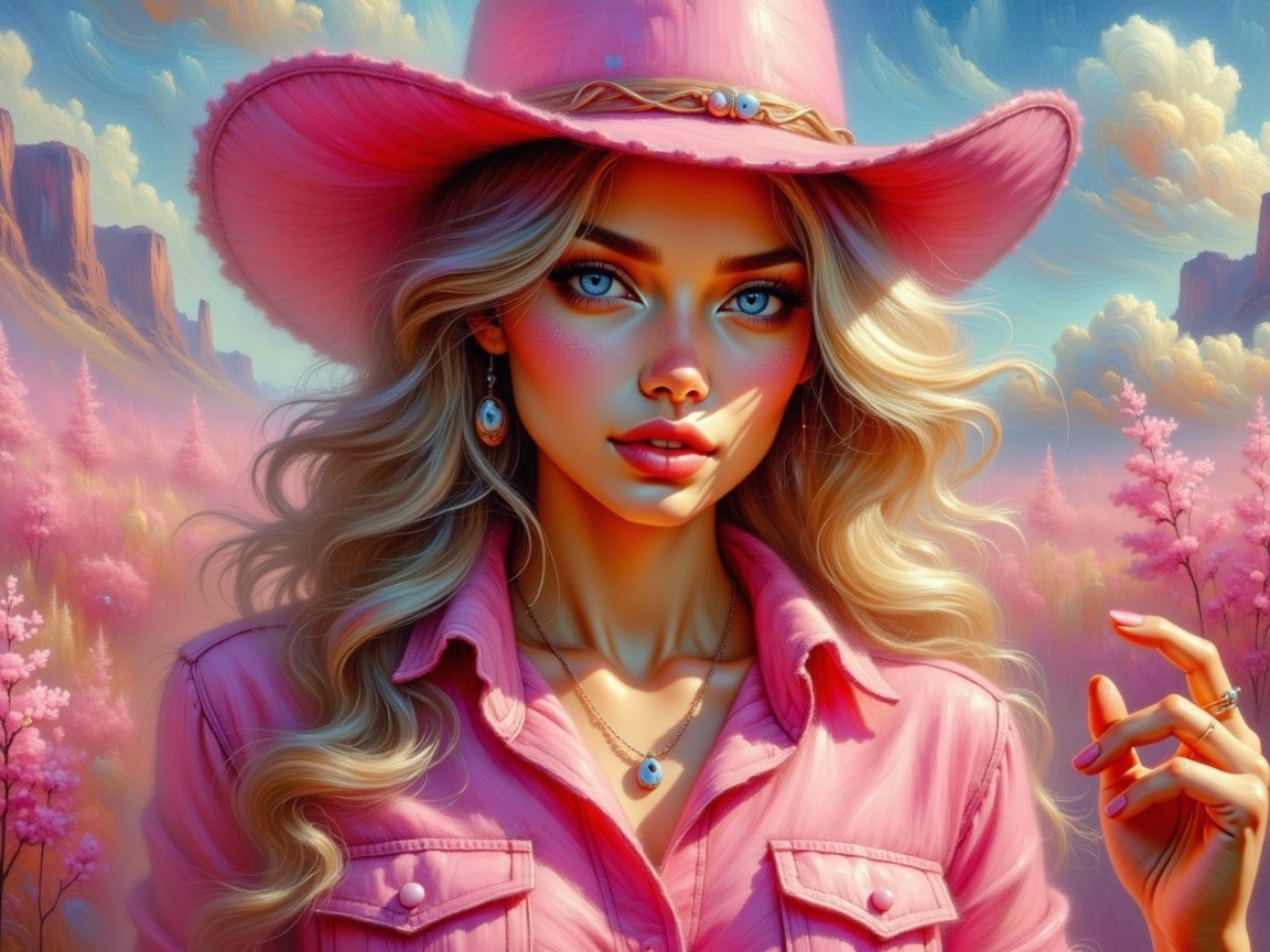 Young woman in pink cowboy hat among flowers and mountains