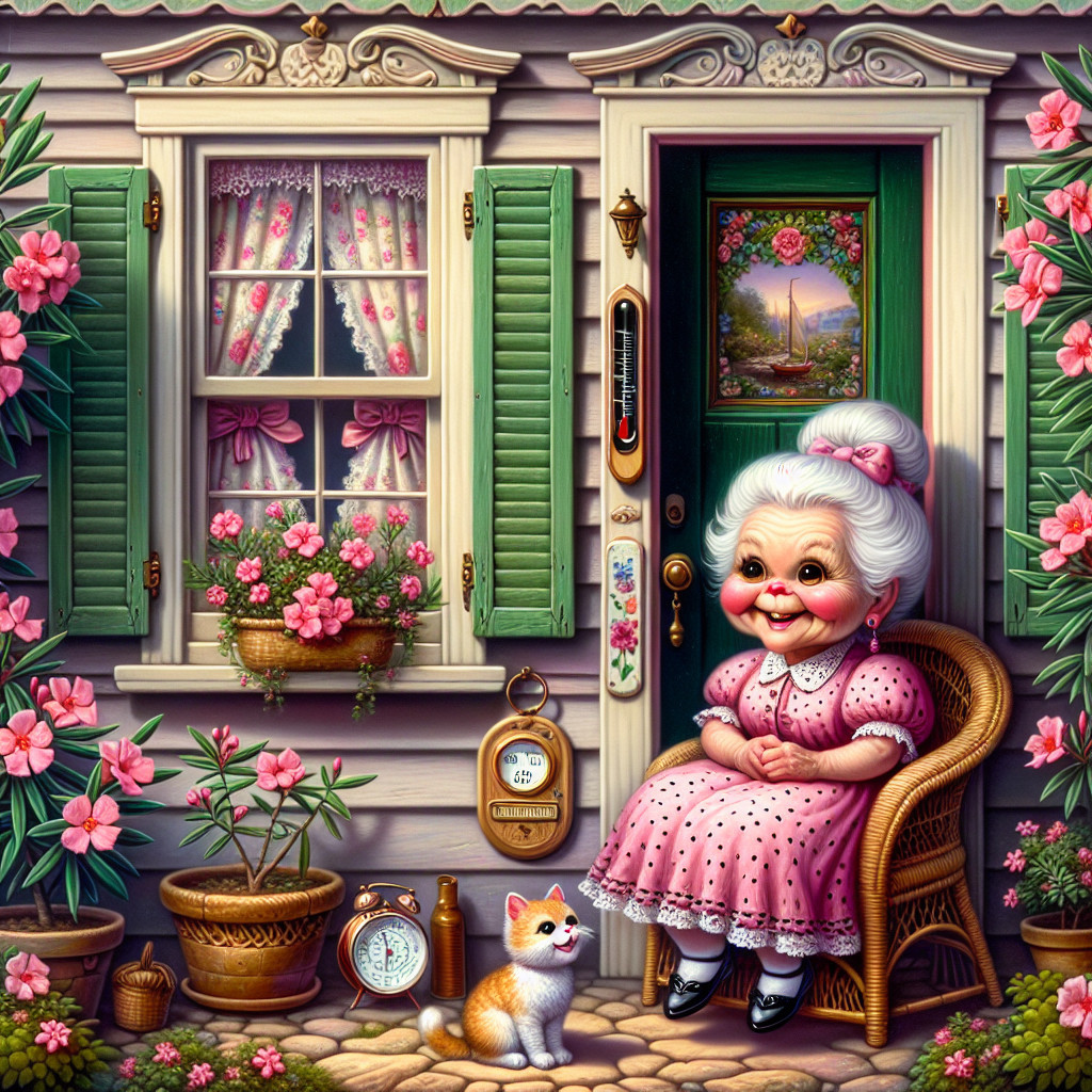 Cheerful Elderly Woman in a Quaint Cottage Setting