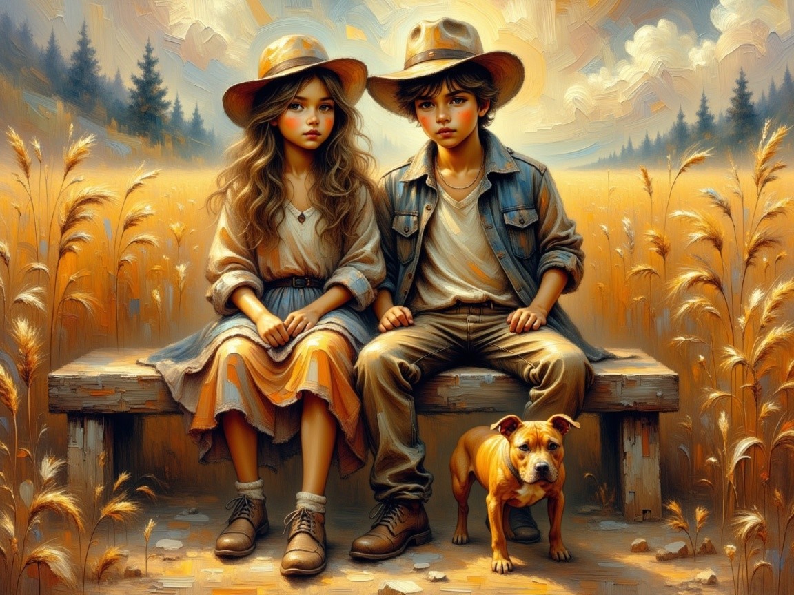 Children on a Bench in a Wheat Field with Dog