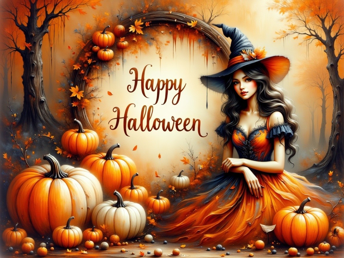 Whimsical Halloween Scene with Witch and Pumpkins