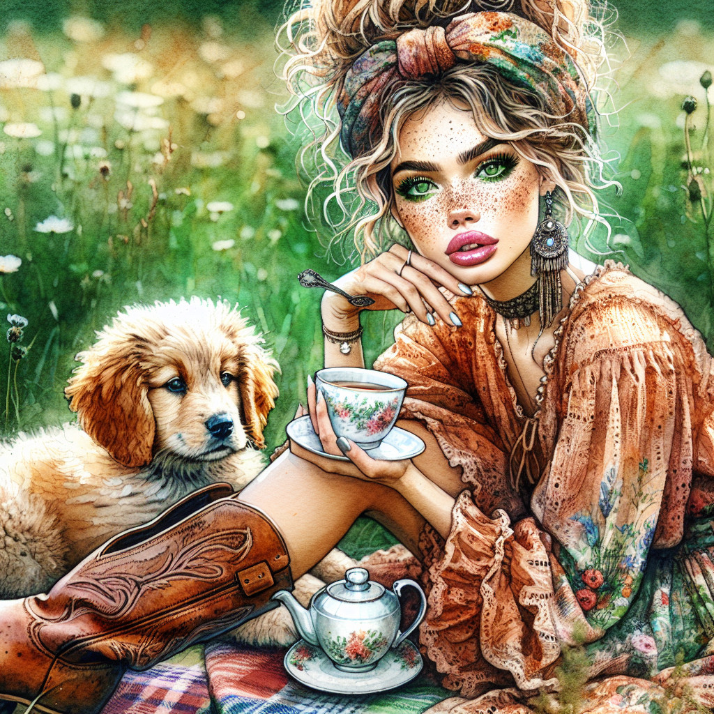 Young Woman in Floral Dress Enjoying Tea in Meadow