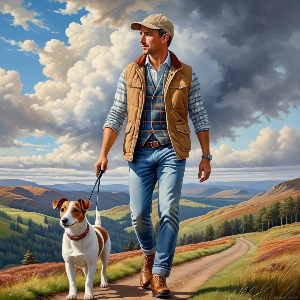 Man in Casual Outfit Walking Dog on Scenic Path