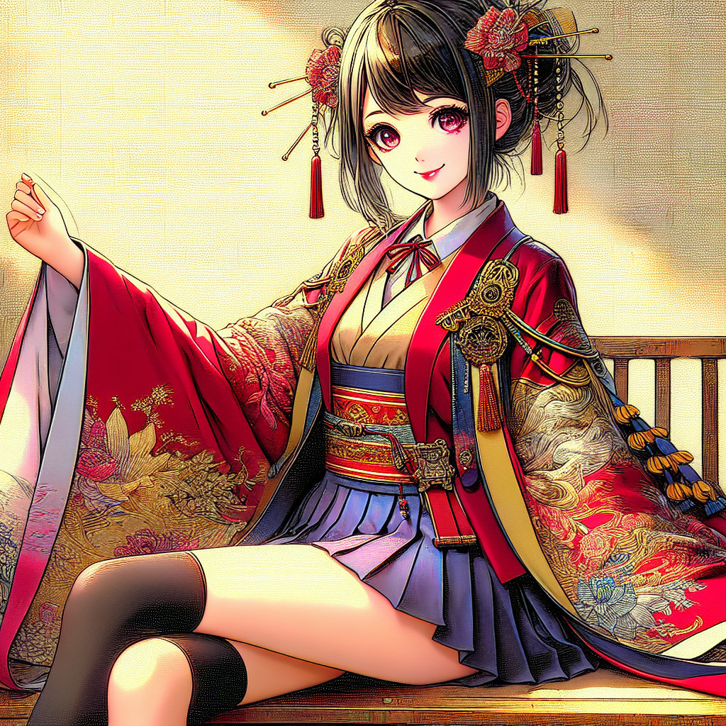 Young Woman in Vibrant Kimono on Wooden Bench