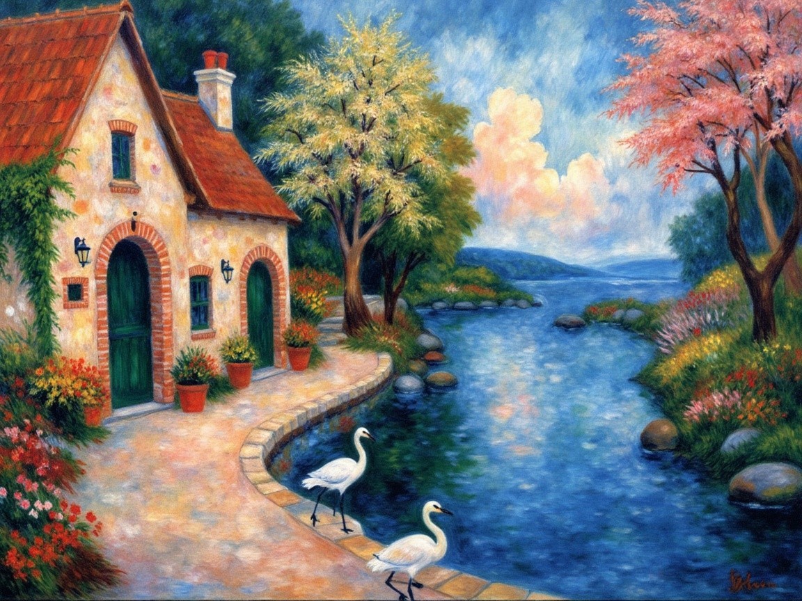 Cottage by a River Surrounded by Lush Nature