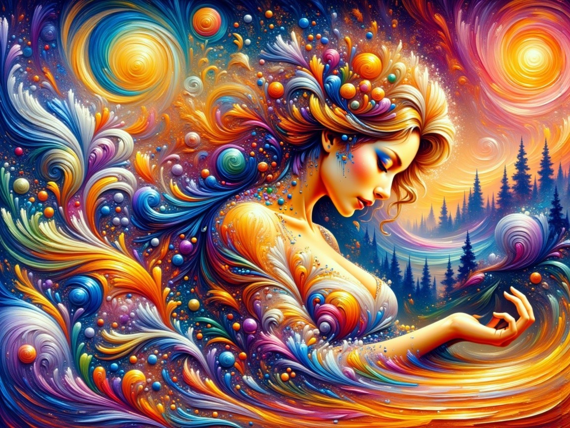 Vibrant Composition of Woman with Colorful Orbs