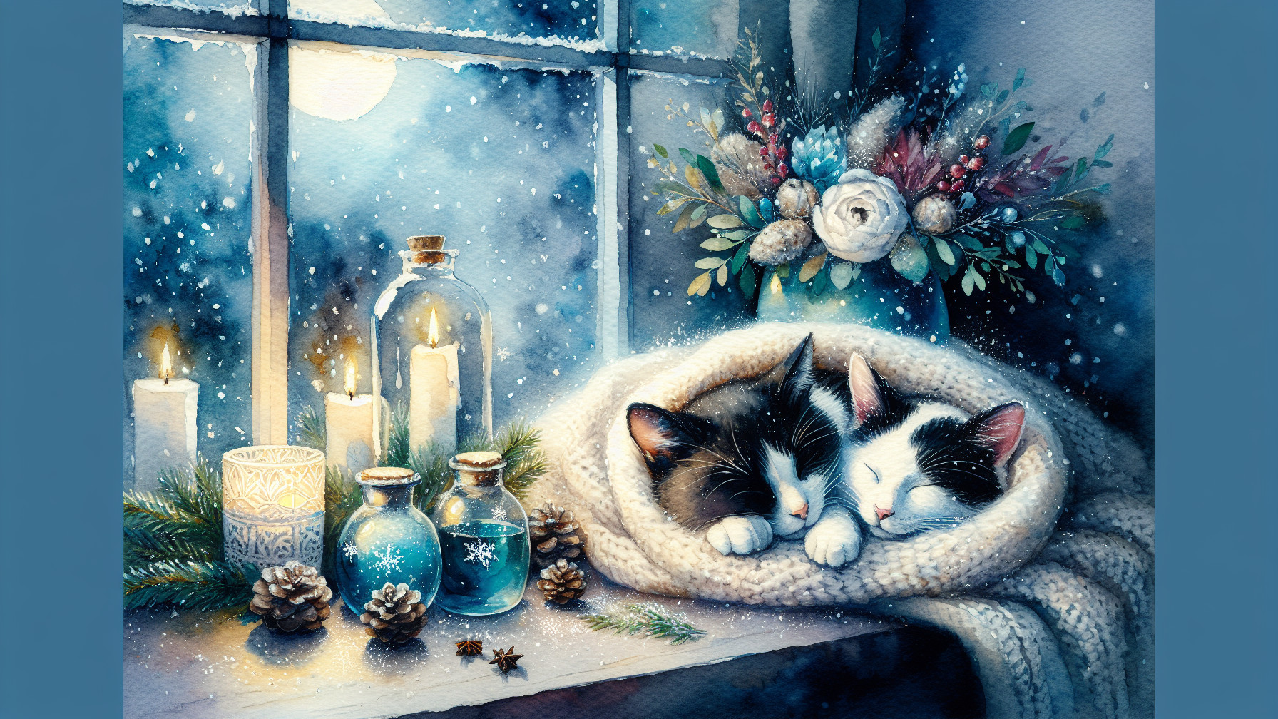 Cozy Winter Scene with Sleeping Cats and Snowflakes