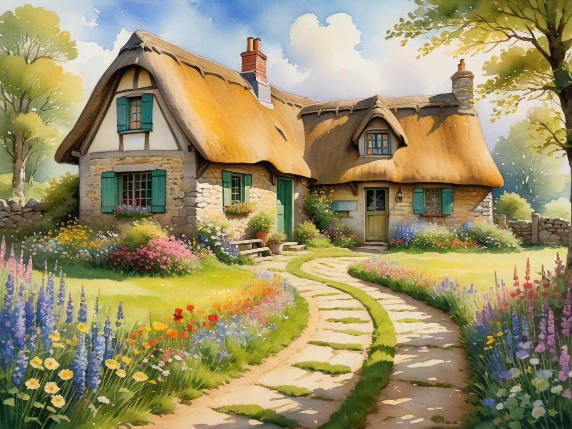 Thatched Cottage Surrounded by Vibrant Gardens and Trees
