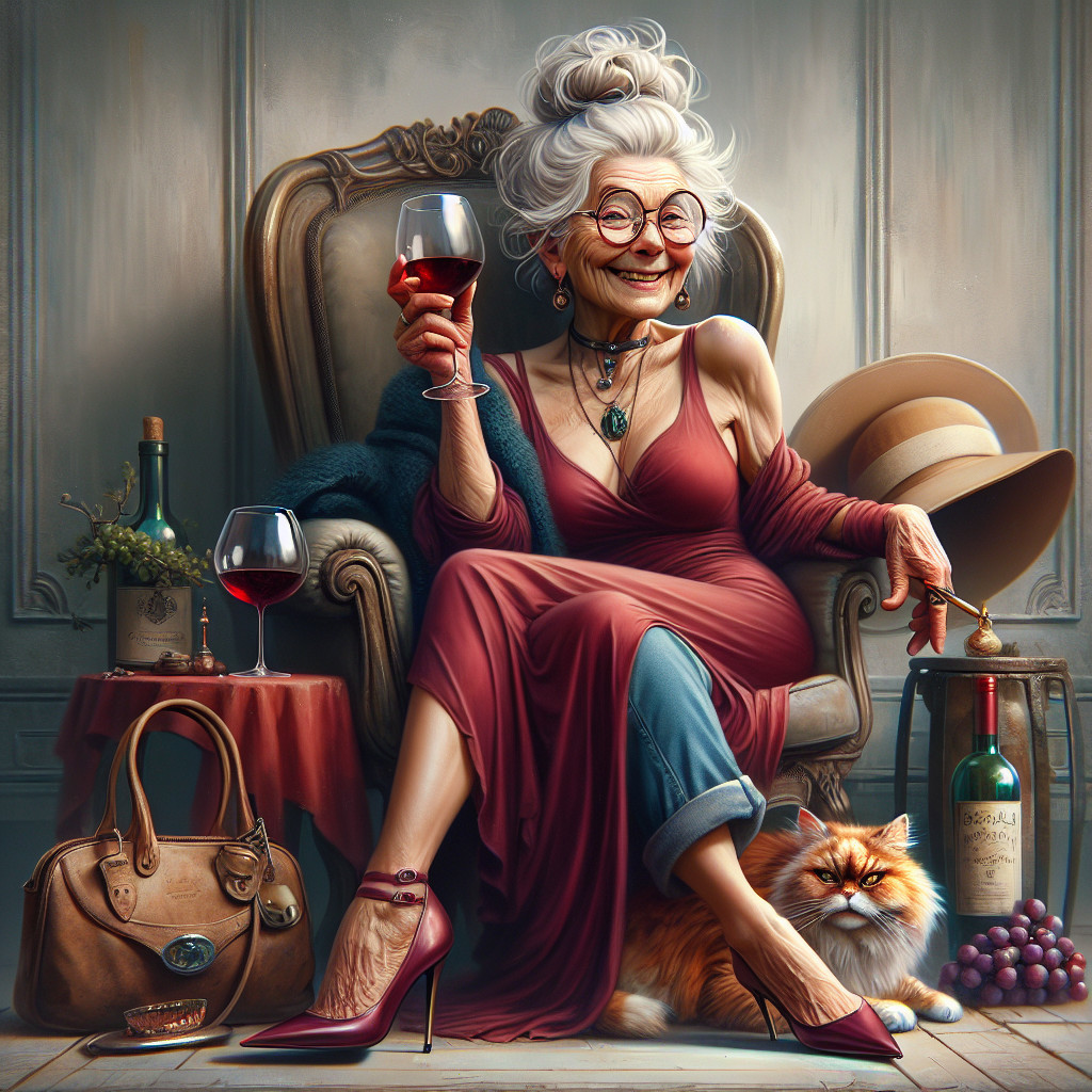 Elegant Elderly Woman in Red Gown with Cat and Wine