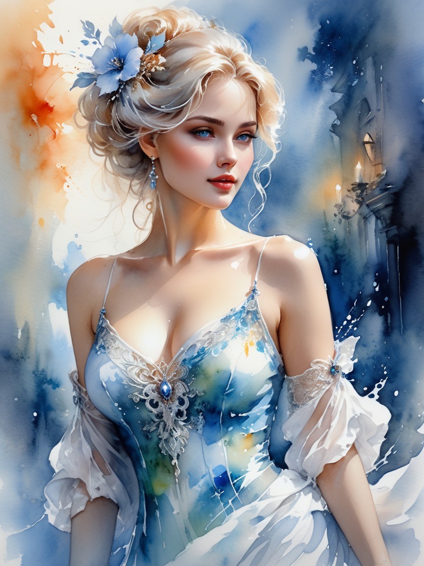 Elegant Woman in Watercolor Gown with Lace Accents