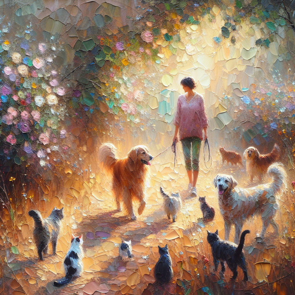 Impressionistic Scene of a Person with Pets Outdoors