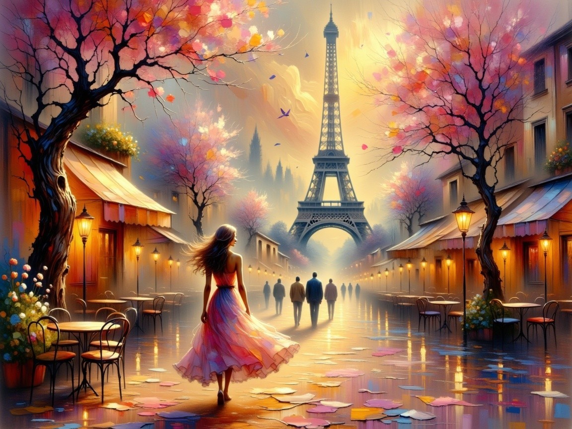 Picturesque Paris Street with Blooming Trees and Cafés