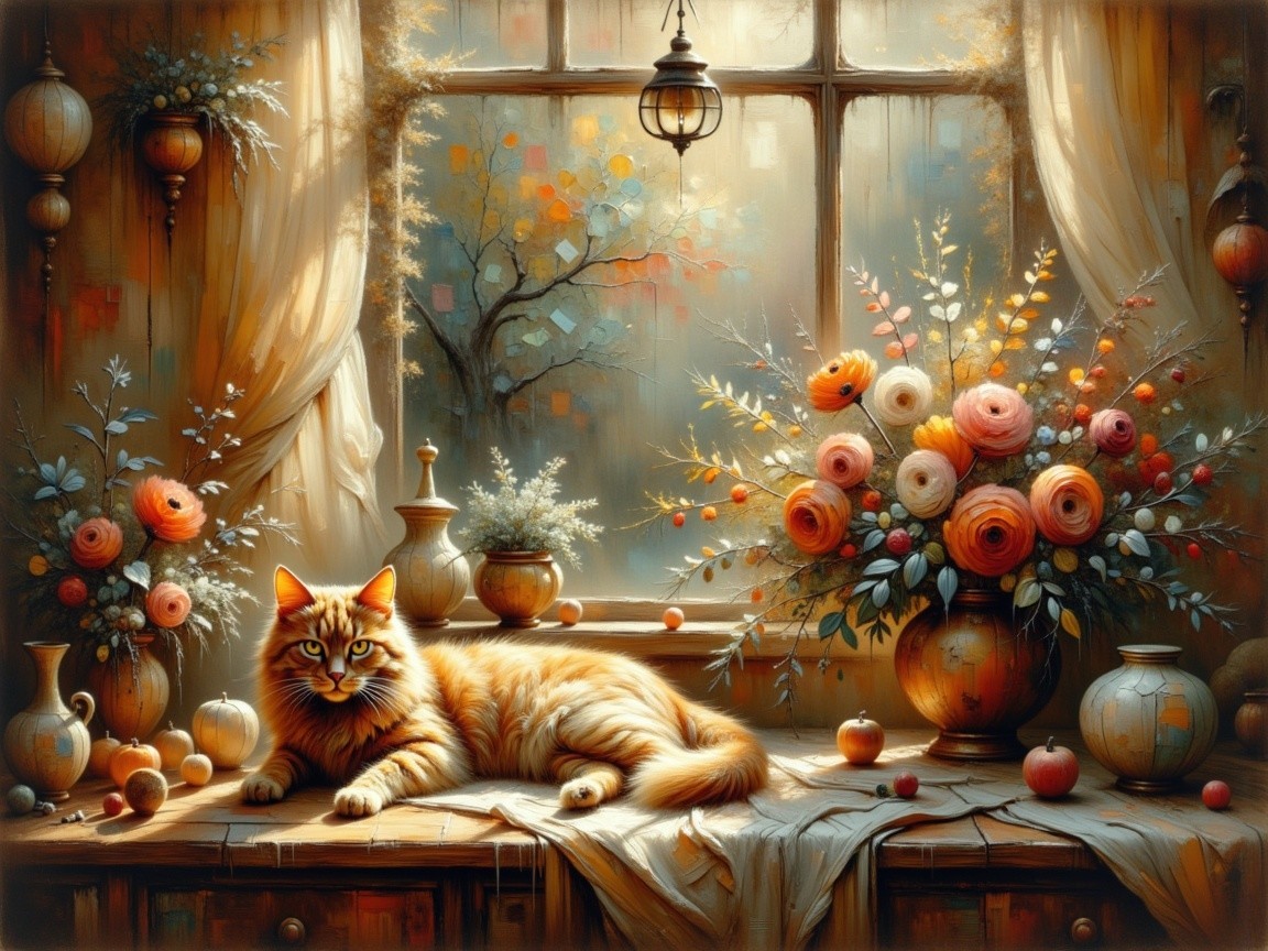 Fluffy Orange Cat on Table with Vibrant Flowers