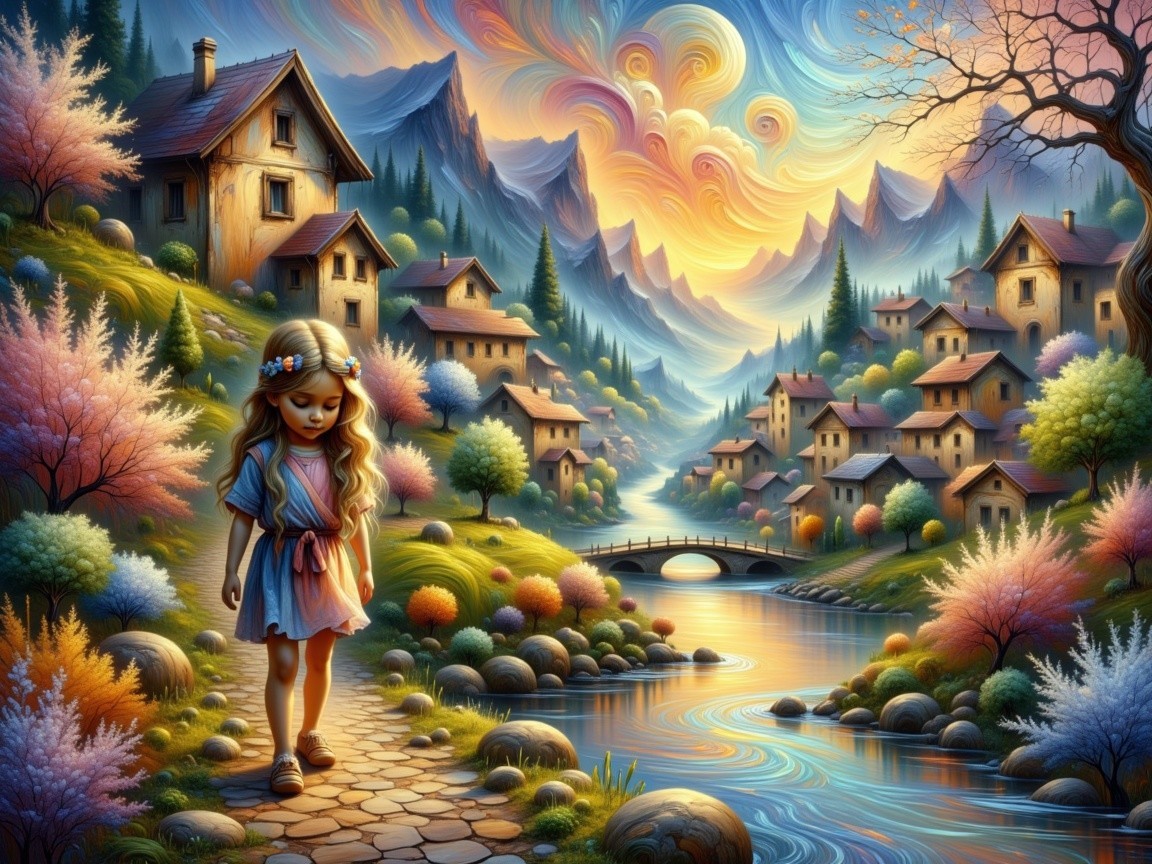 Whimsical Landscape with Young Girl by Serene River