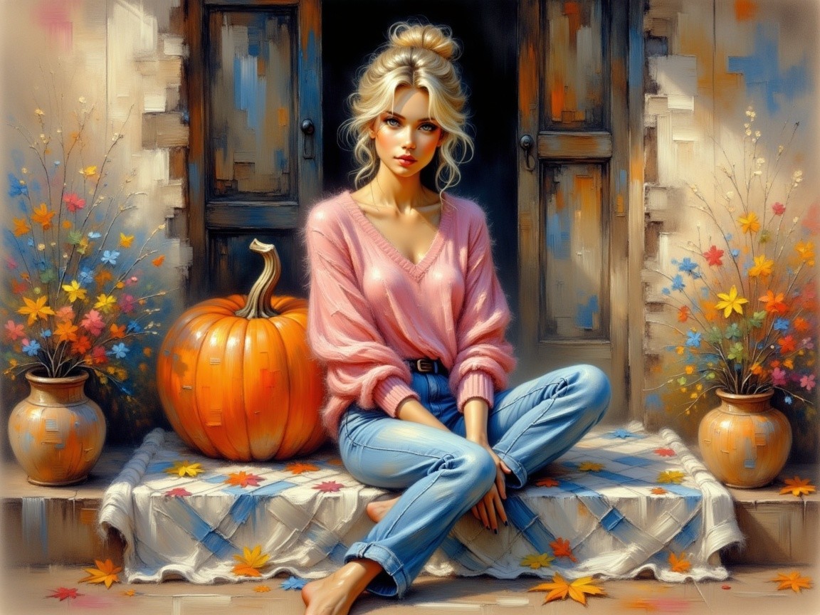 Young Woman on Rustic Porch with Autumn Decor