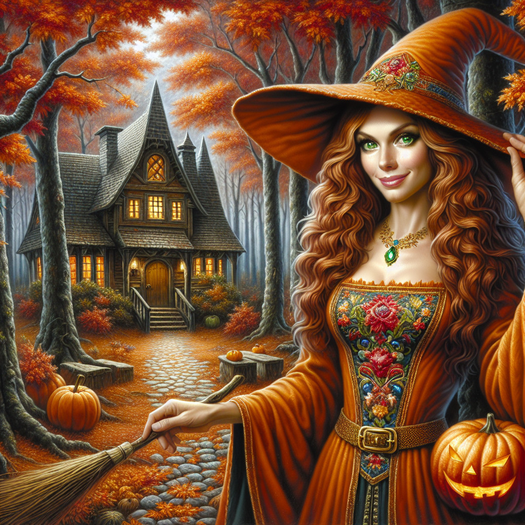 Witch in Orange Dress with Pumpkin and Cozy Cottage