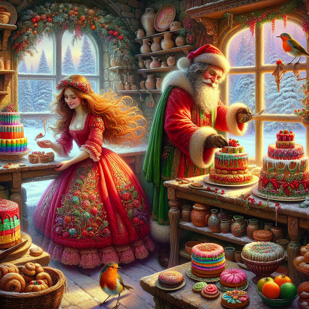 Vibrant Christmas Bakery Scene with Santa and Maiden