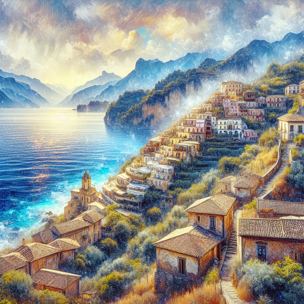 Coastal Village Overlooking Ocean with Mountain Backdrop
