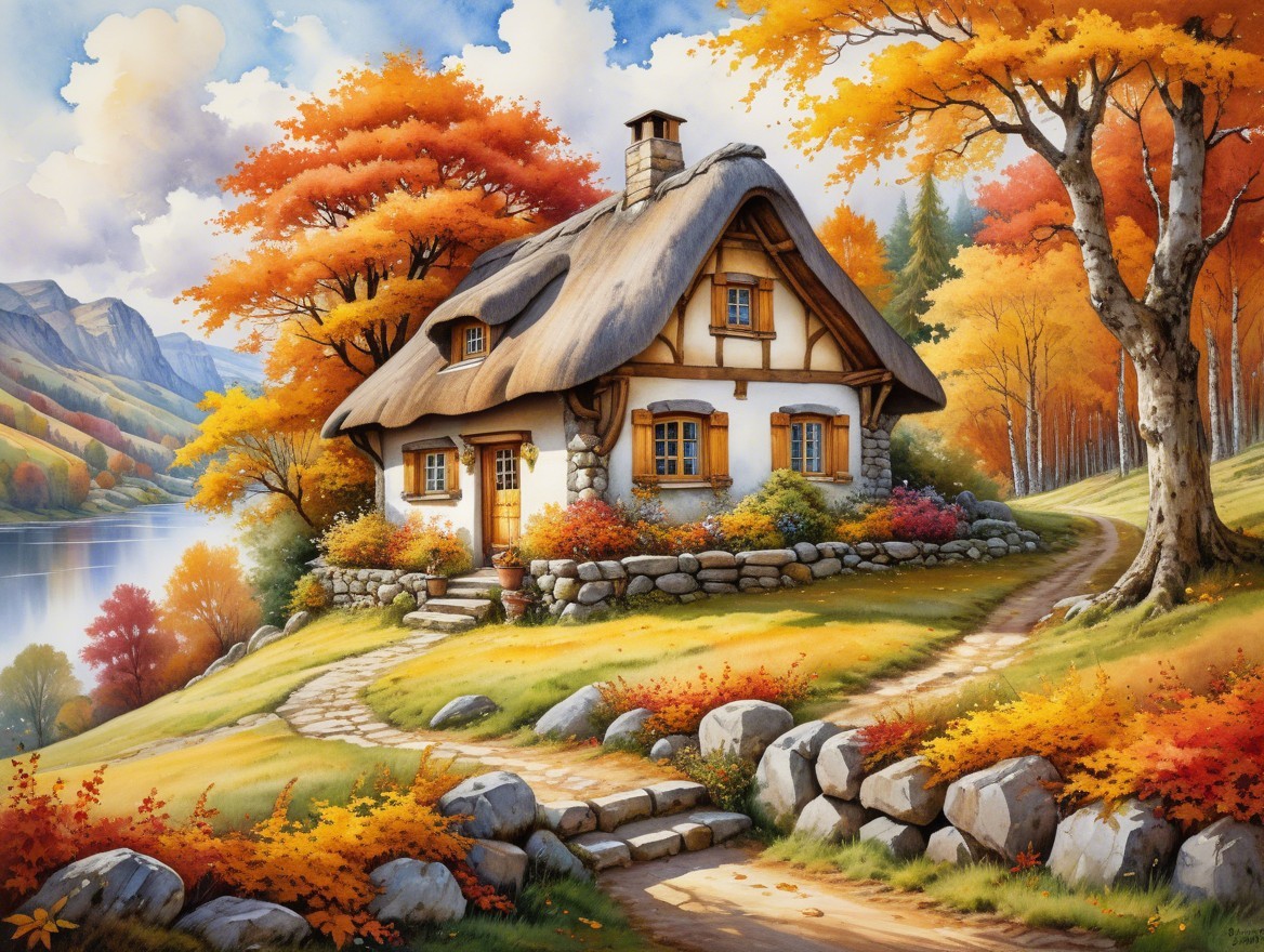 Charming Cottage in Vibrant Autumn Landscape