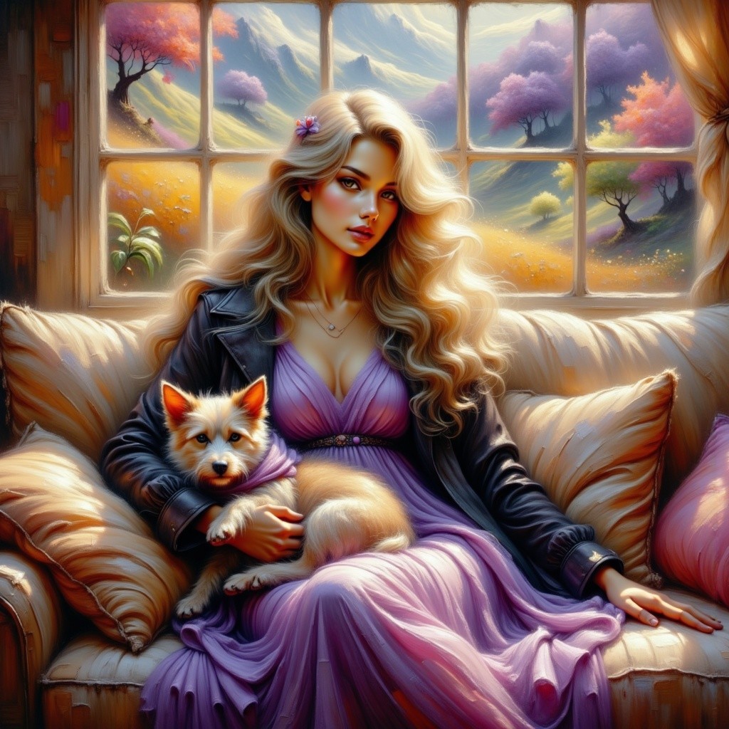 Fantasy Oil Painting of Woman with Puppy on Sofa