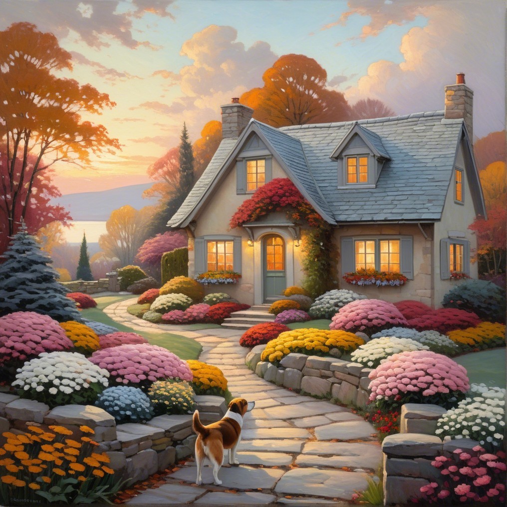 Cottage Surrounded by Autumn Foliage and Flowers