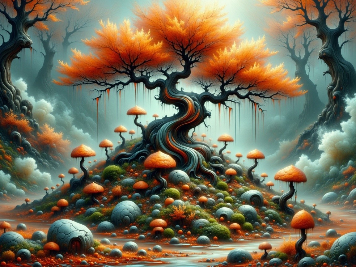 Whimsical Landscape with Stylized Tree and Mushrooms