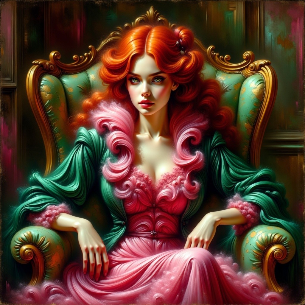 Elegant Woman in Pink Gown with Red Hair in Armchair
