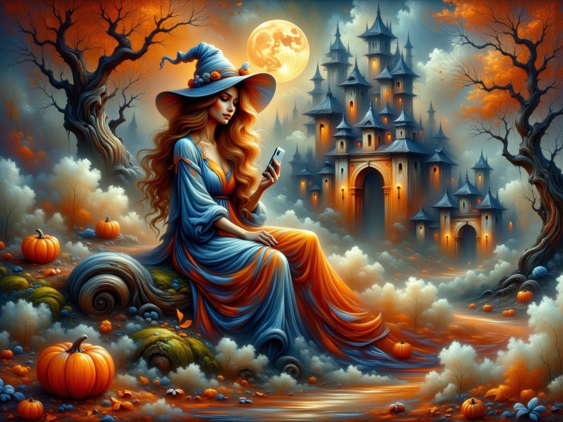 Whimsical Witch in Blue Gown with Glowing Pumpkins