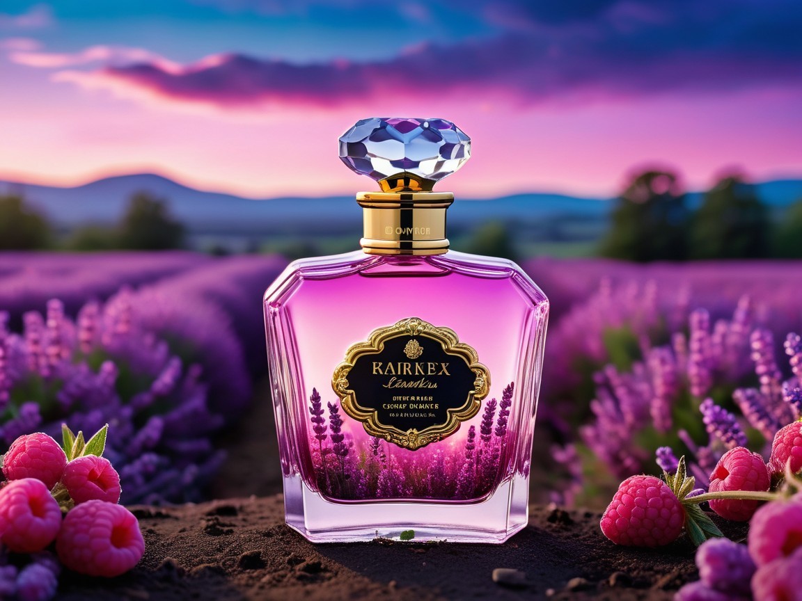Luxurious Perfume Bottle in Lavender Field at Sunset