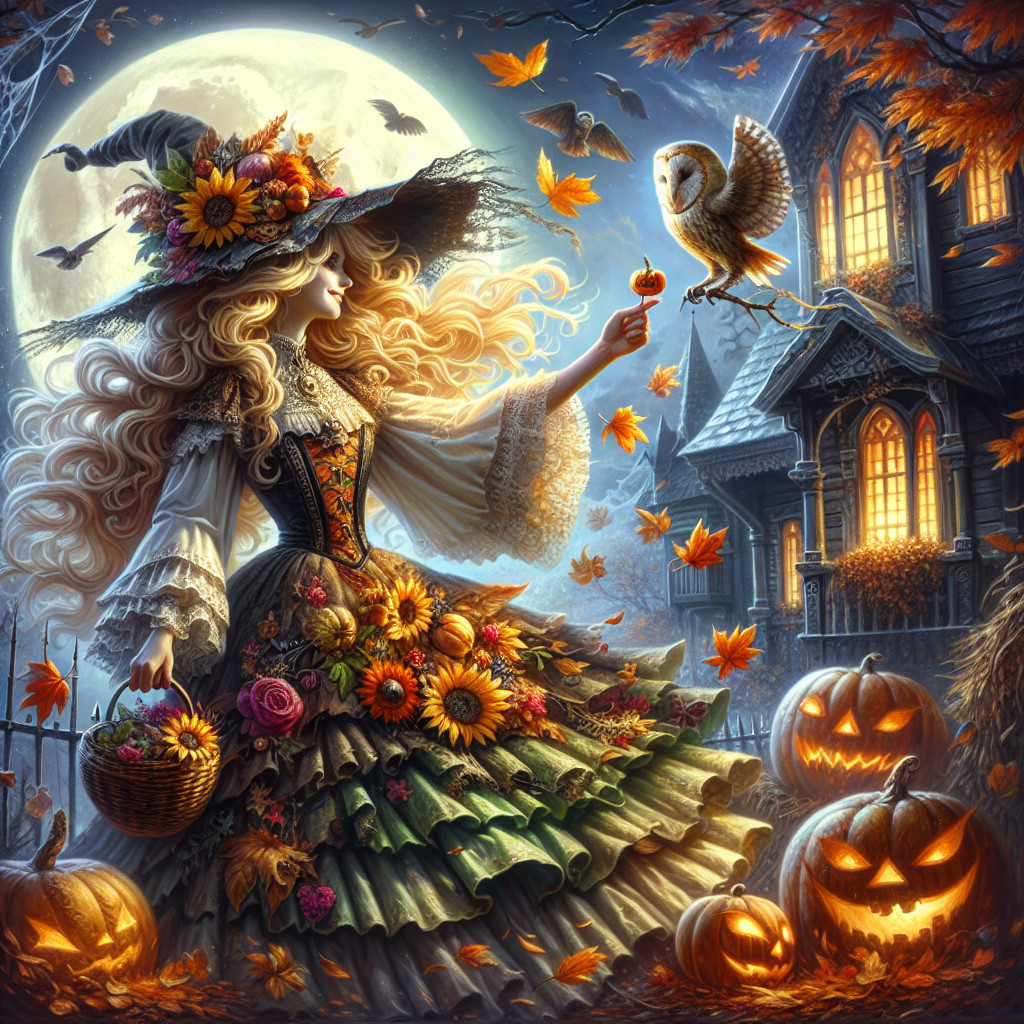 Enchanting Witch with Pumpkin and Autumn Leaves Scene