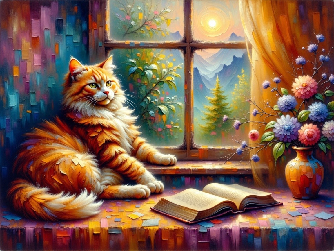 Fluffy orange cat on window ledge with flowers and book