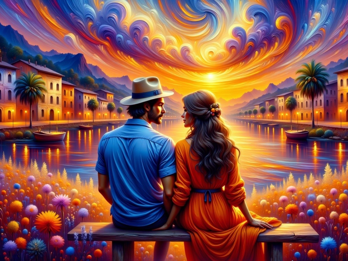 Couple on Bench by Vibrant River at Sunset
