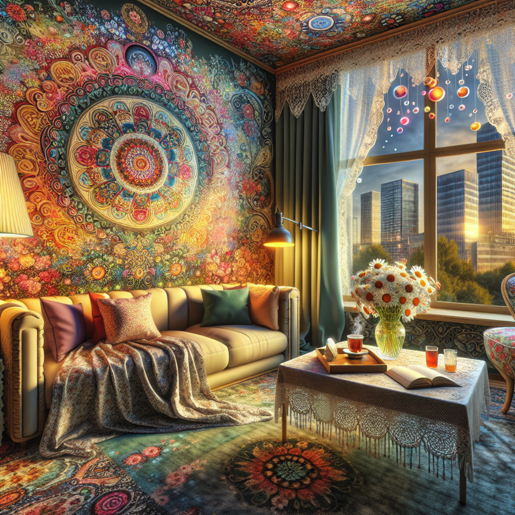 Vibrant Living Room with Floral Patterns and Cityscape