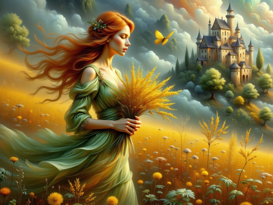 Woman in Green Dress in Vibrant Flower Field