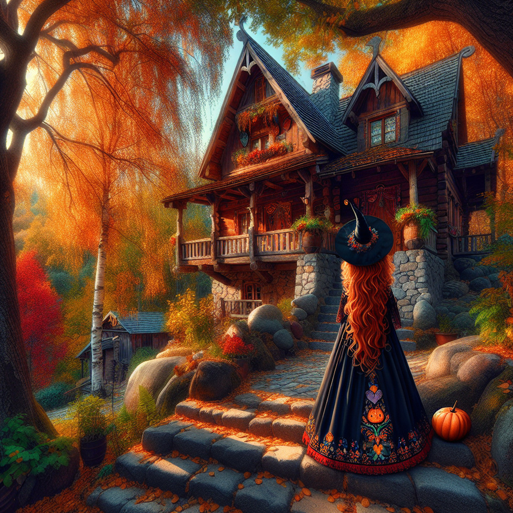 Whimsical Witch in Autumn Landscape with Pumpkin