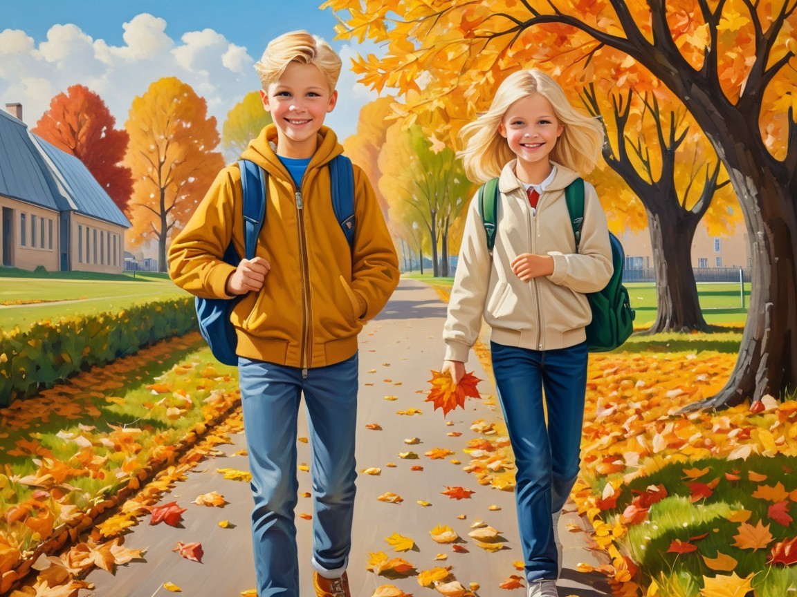 Children Walking on an Autumn Leaf-Covered Path