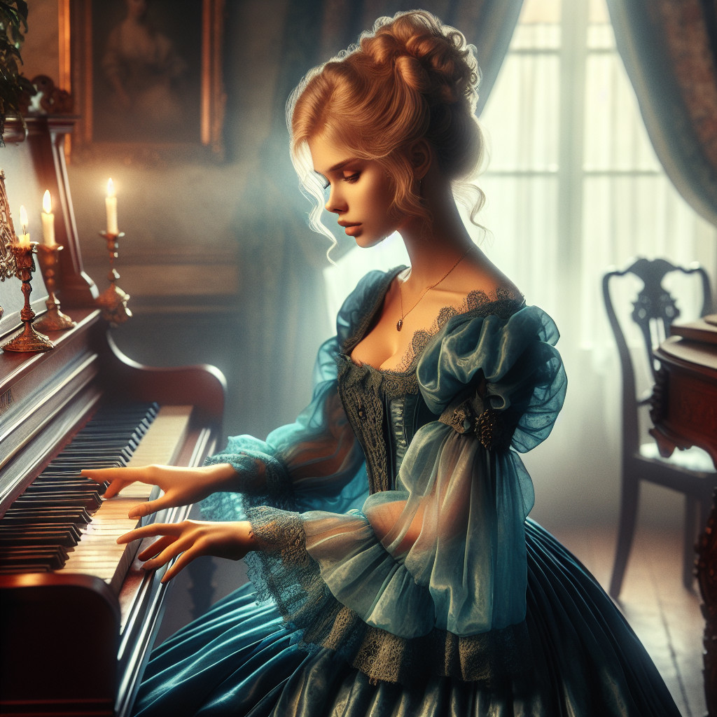 Elegant Woman in Blue Gown Playing Grand Piano