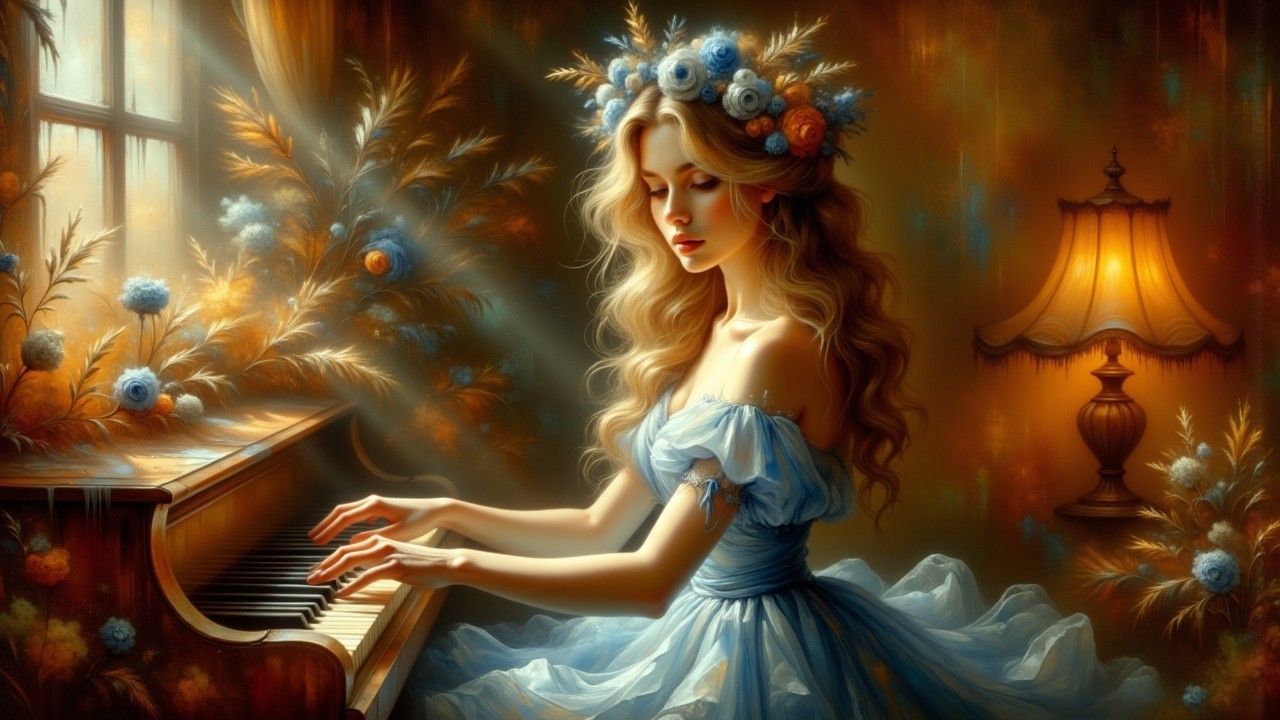 Young Woman in Blue Dress Playing Grand Piano