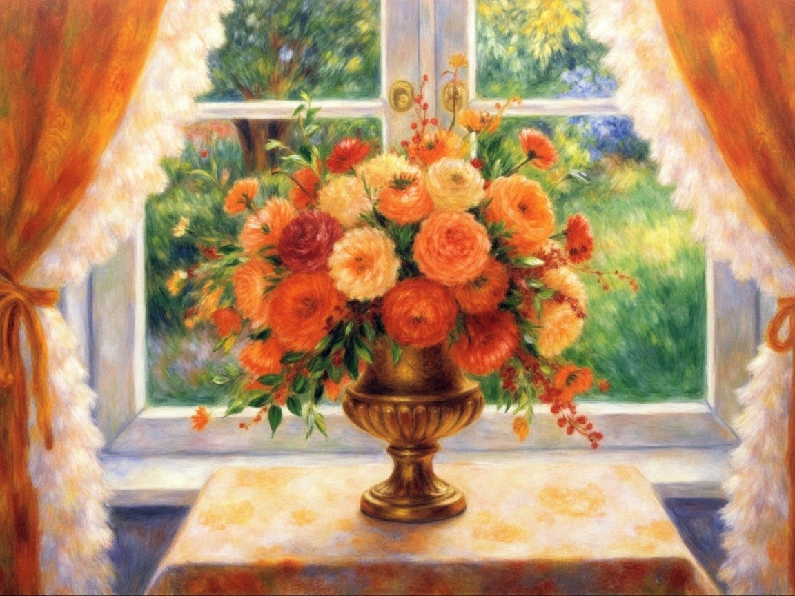 Vibrant Orange and Cream Flower Bouquet in Golden Vase