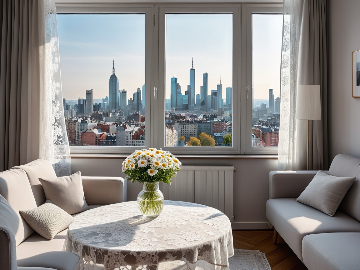 Cozy Living Room with City Skyline View and Daisies