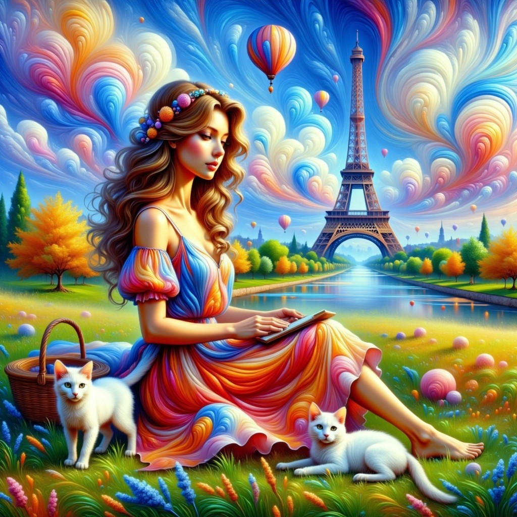 Young Woman Reading by the Seine with Eiffel Tower
