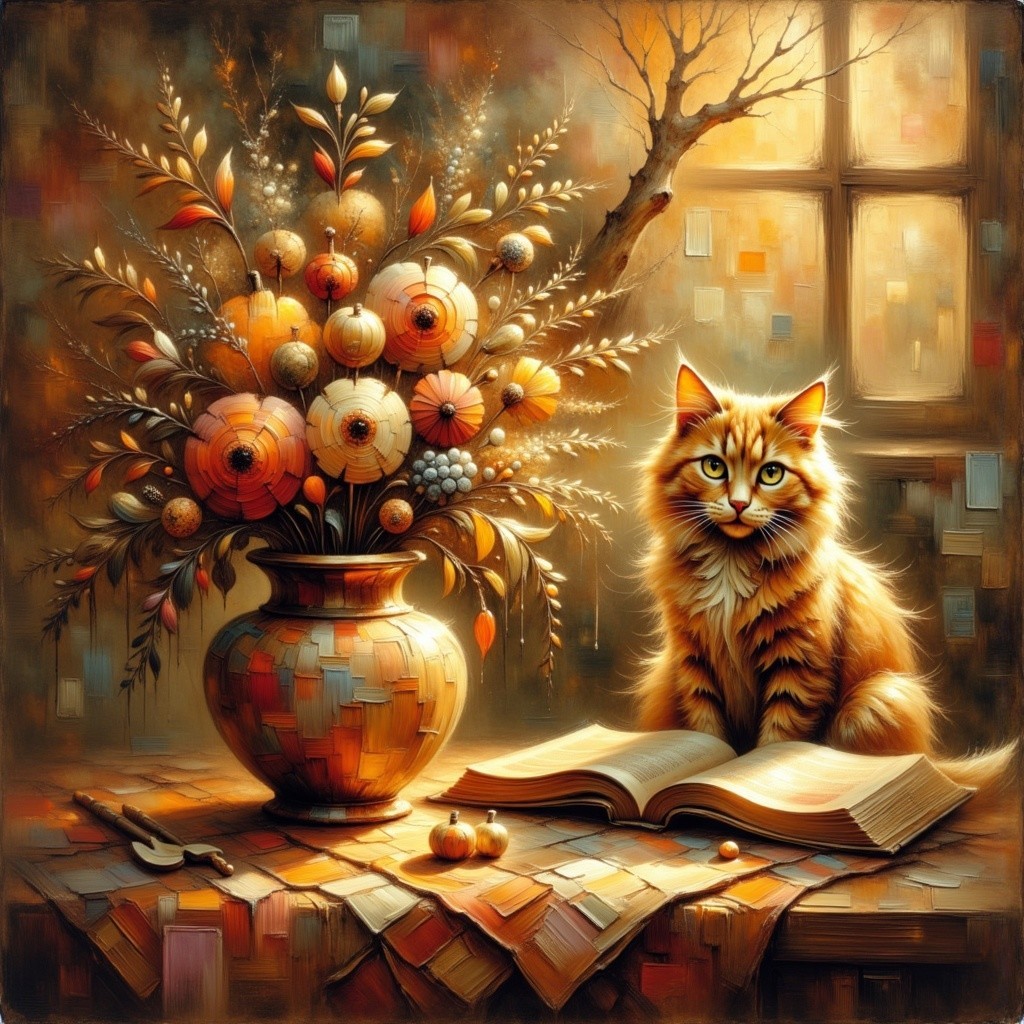 Cozy Indoor Scene with Autumn Flowers and Cat