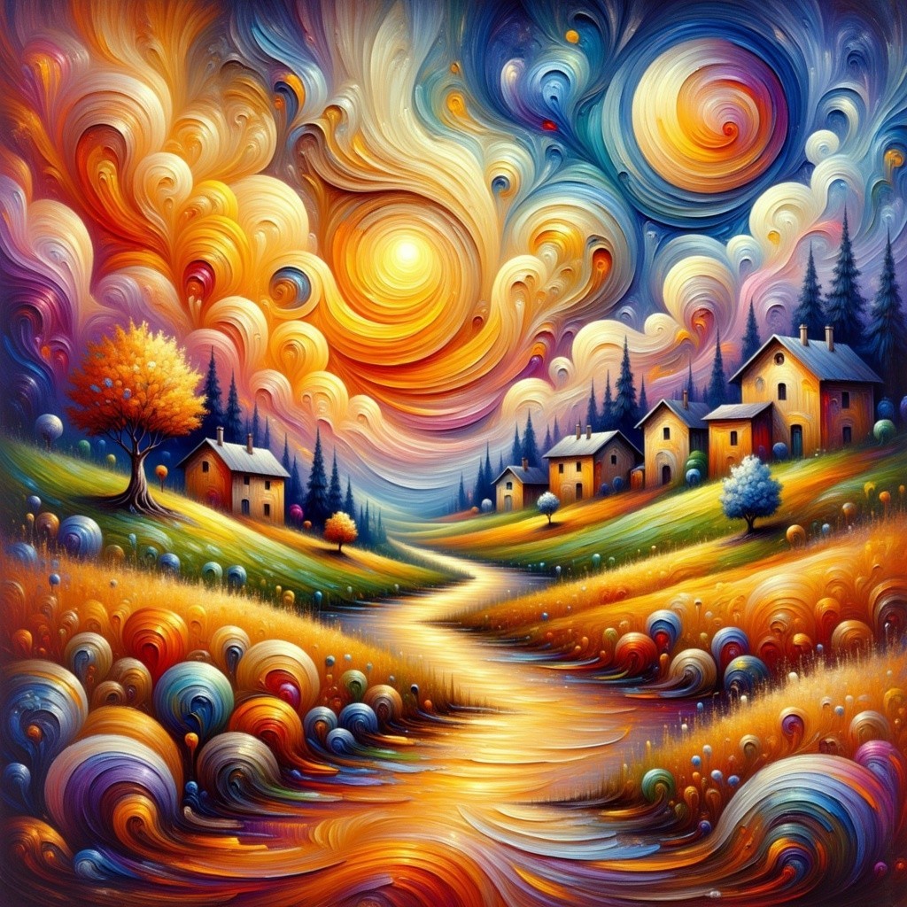 Vibrant Countryside Landscape with Sunset and River