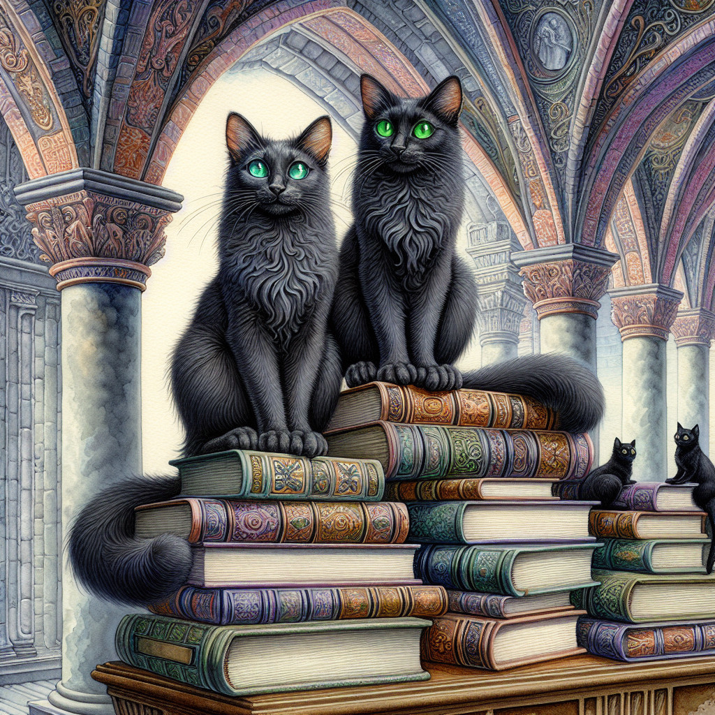 Fluffy black cats in a grand library with antique books