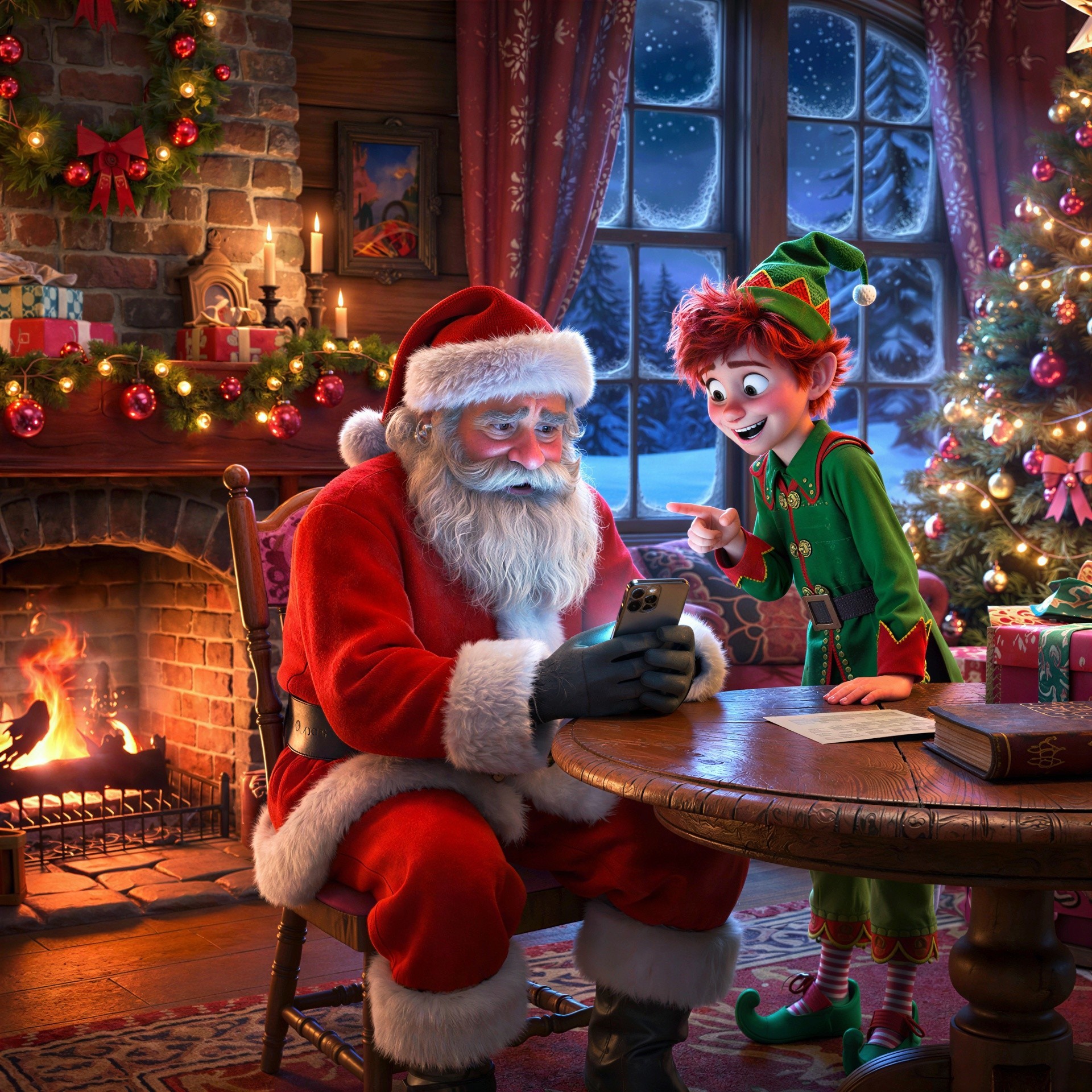 Santa Claus by a Fireplace with Smartphone and Decor