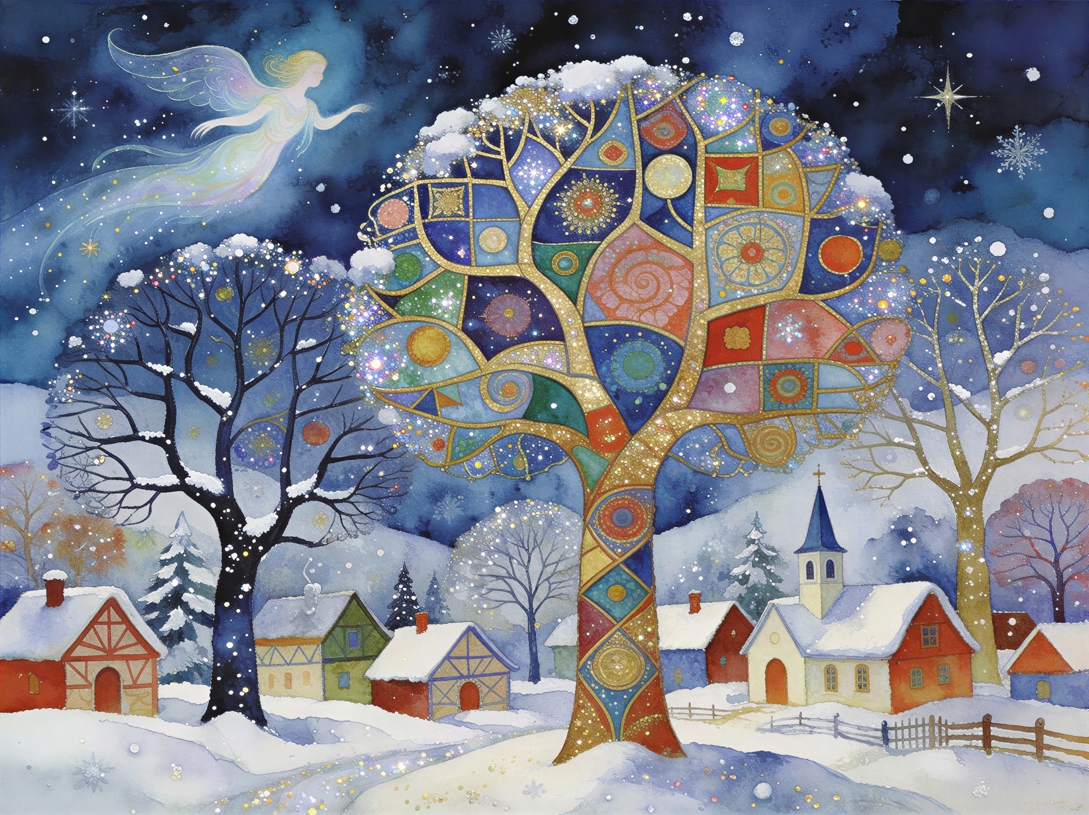 Fantastical Winter Night Scene in Watercolor Art