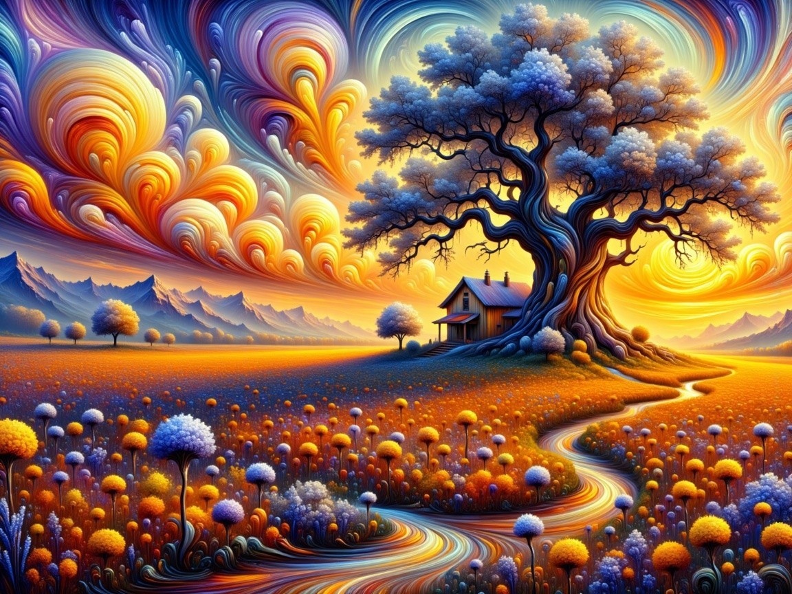 Vibrant landscape with a majestic tree and colorful sky