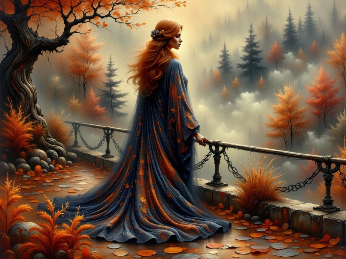 Woman in Blue Gown Amidst Autumn Landscape