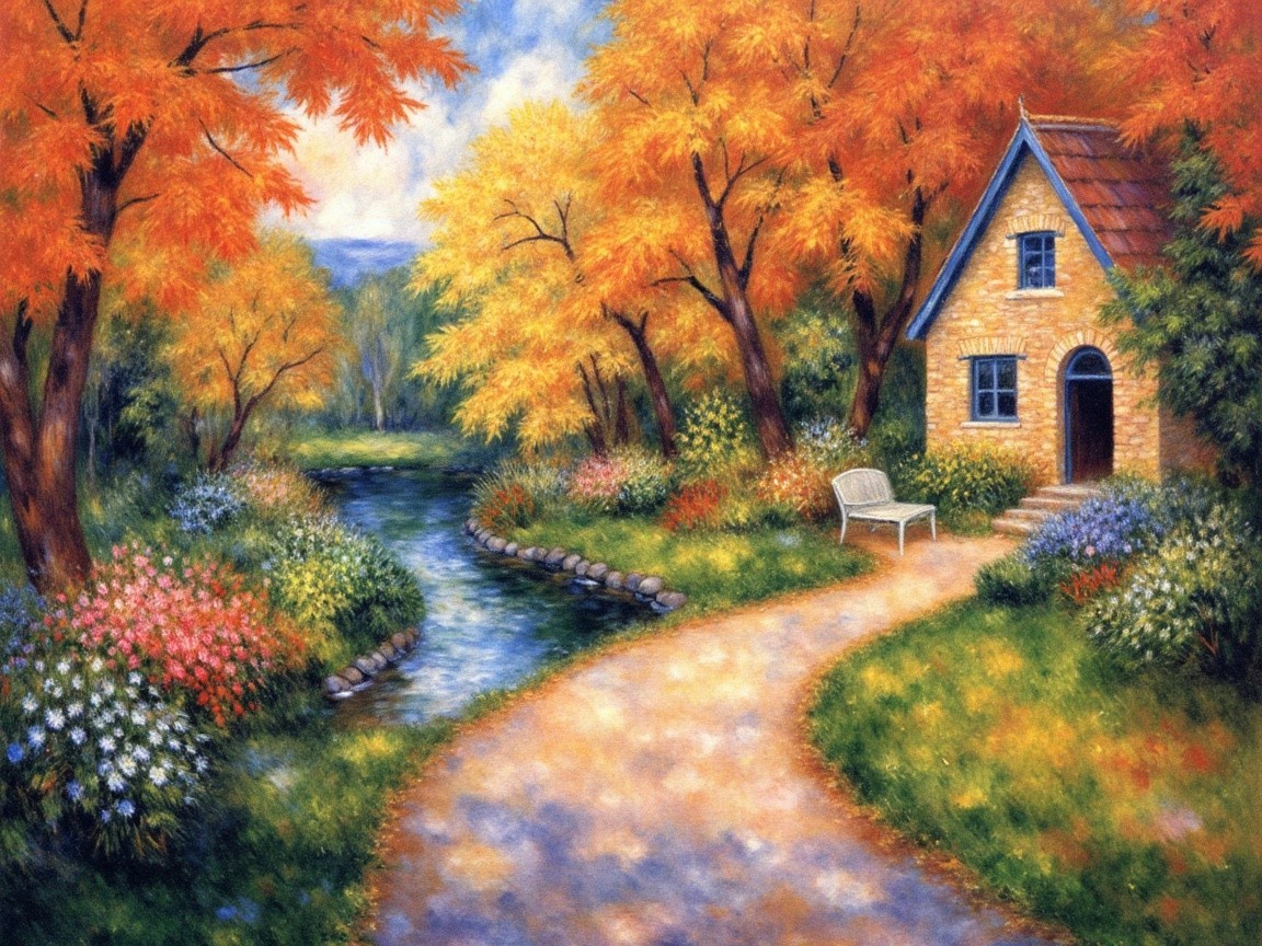 Autumn Landscape with Cottage and Gentle Stream