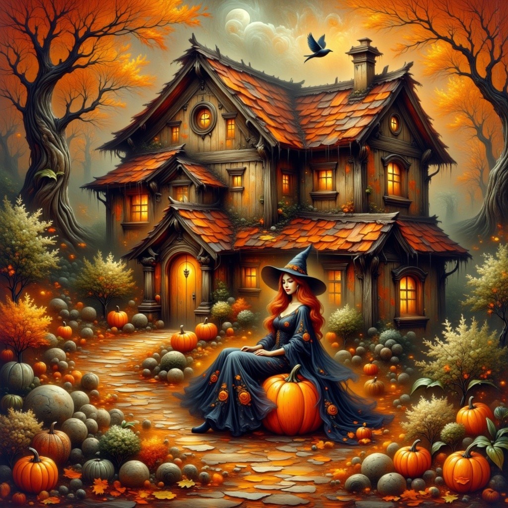 Cozy House Surrounded by Autumn Foliage and Witch