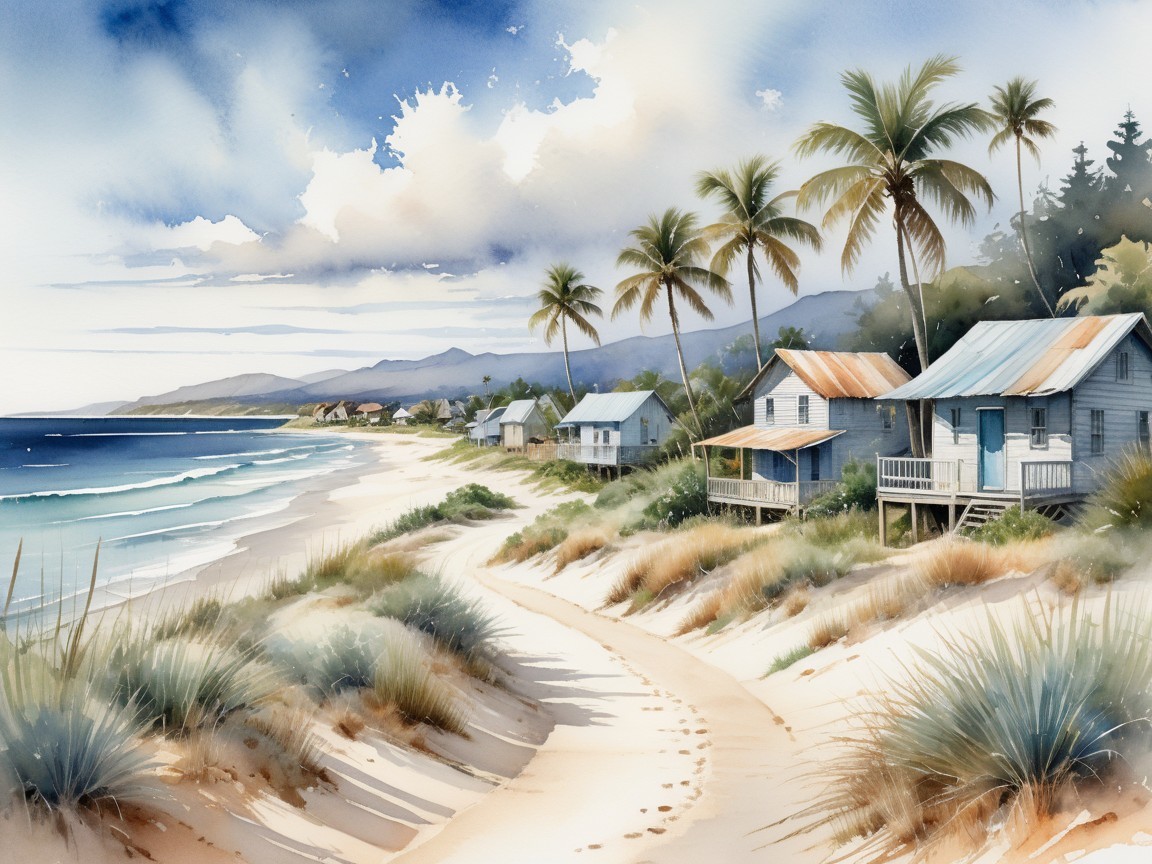 Coastal Beach Scene with Cottages and Ocean Waves